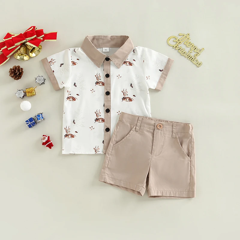 

Baby Boy Summer Outfit Cute Dinosaur Print Short Sleeve Collared Shirt Matching Solid Color Shorts Set