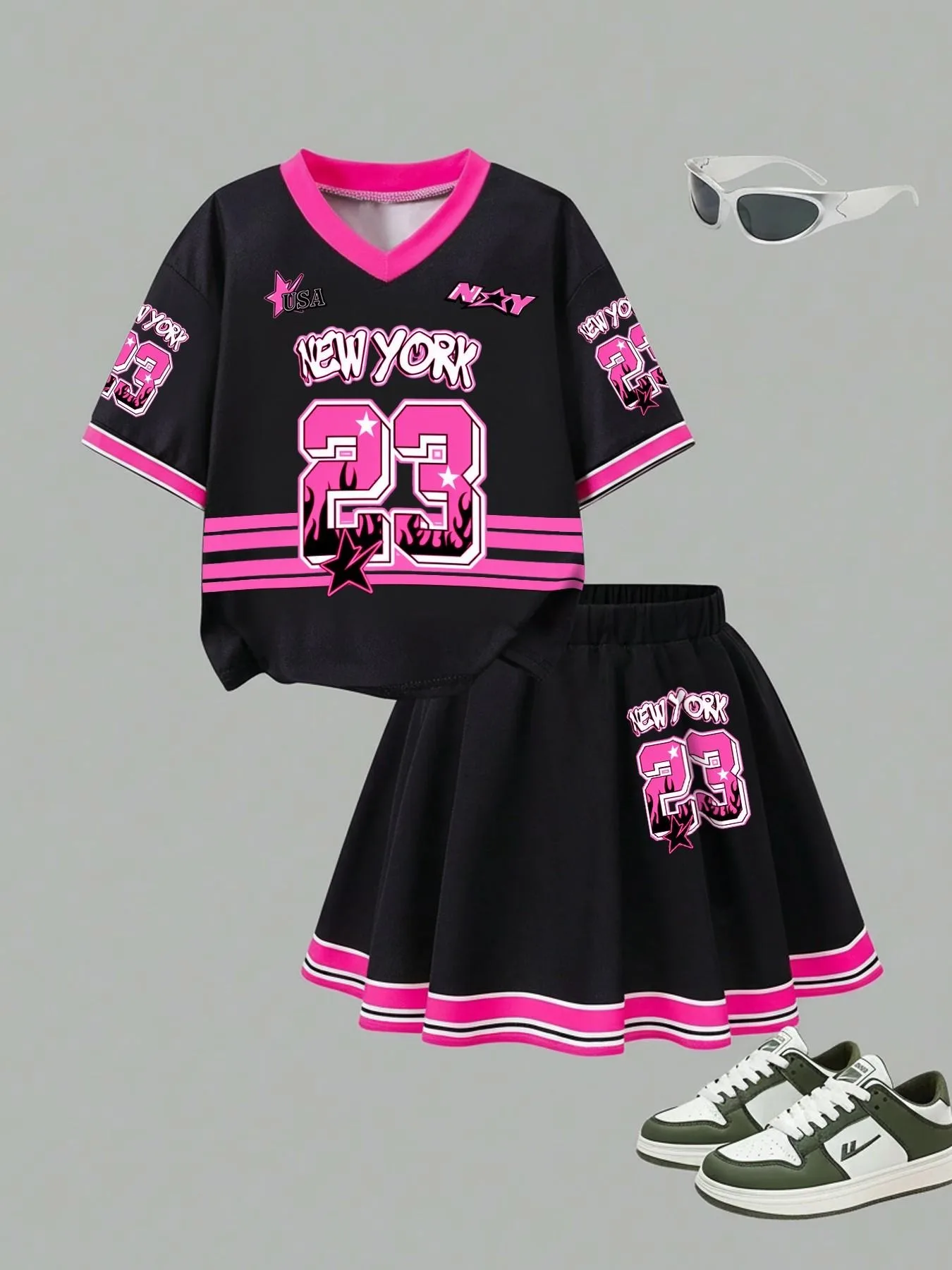 Trendy Girls 2Pcs Y2K Sport Co-Ord, Pink Flame Letter Number Graphic V Neck Tee & Striped Pleated Mini Skirt for Street & Daily