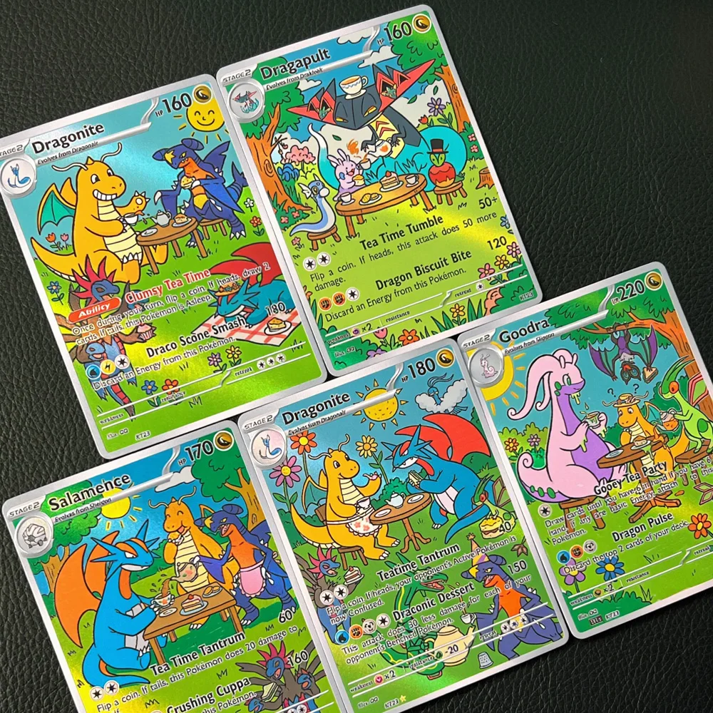 5Pcs TCG Game Cards Lllustration Rare Picnic Style Dragonite Dragapult Salamence Goodra Cards Gift Toy Hobby Collection