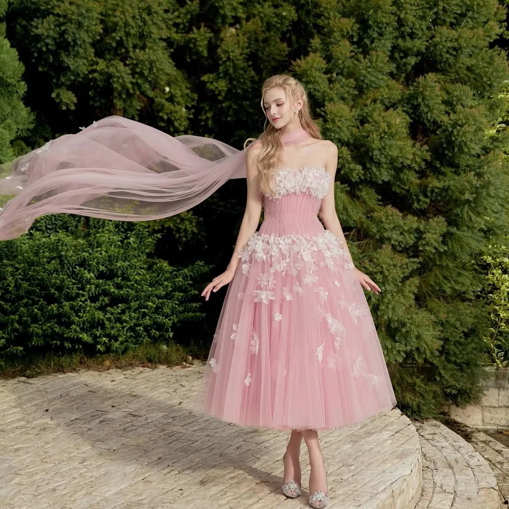 

Красивое платье принцессы без бретелек без рукавов с цветочной аппликацией, великолепное вечернее платье для выпускного вечера для женщин, тюлевые вечерние платья до щиколотки