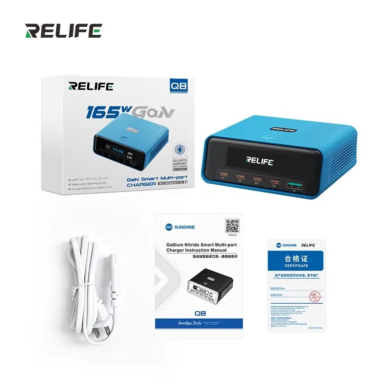 

RELIFE Q8 165W GaN Multi Port Fast Charging Station Max140W Single Port Smart Power Temperature Protection For Phone Repair Tool