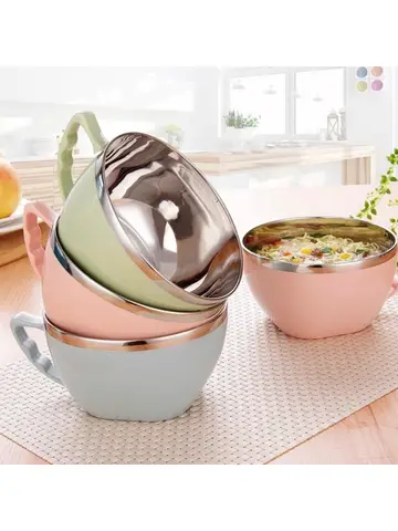 1PCS Stainless Steel Bowl with Handle Solid Color Anti Scalding Instant Noodles  Mixing Bowl Kitchen Tableware Food  Accessory