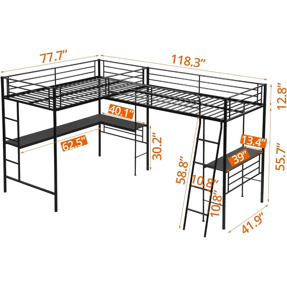 Cama alta em forma de L de tamanho duplo com 2 mesas embutidas, cama de canto loft de metal com 2 escadas e trilho de proteção de segurança, beliche resistente