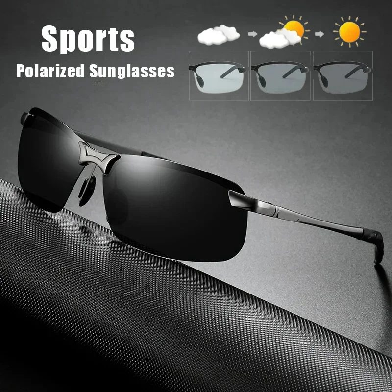 

Classic Metal Men Photochromic Polarized Sunglasses Fashion Cycling Fishing Half Frame Turn Grey Lenses Day Night Vision Glasses