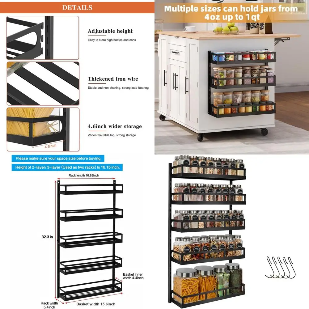 

5-Tier Adjustable Kitchen Spice Rack with Hanging Shelves and Hooks, Black, Patented Dual-Use Organizer