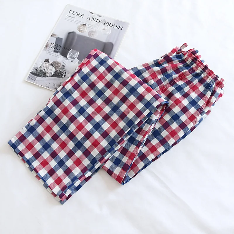 Couple Pajama Pants Women Cotton Gauze Trousers Thin Plaid Sleep Bottoms Elastic Waist Men Loose Night Pijamas Lounge Wear 2022