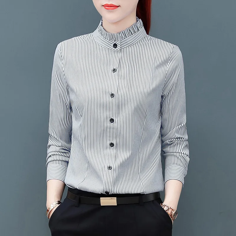 

Elegant Black Striped Blouses Folds Tree Fungus Patchwork Mock Neck Long Sleeve Formal Office Work Vintage Shirts Women Top 2024