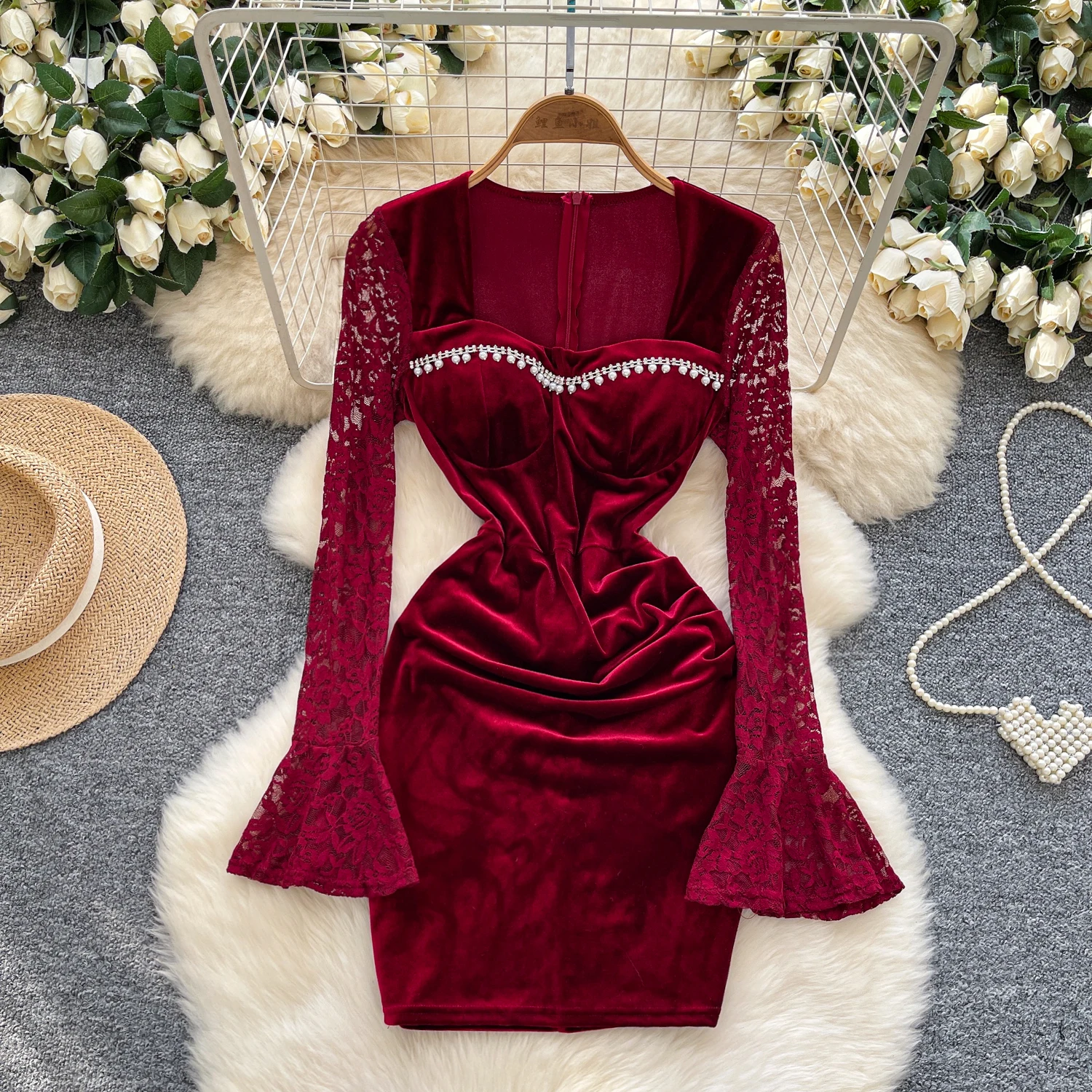 Chic sexy terciopelo cuello cuadrado manga larga vestido fruncido Hada otoño Vestidos ropa de mujer Vestidos de ceremonia