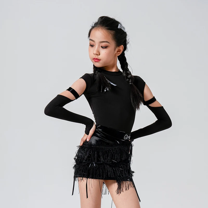 Traje de práctica de baile latino para niña, Tops negros de manga larga, conjunto de falda con borlas, ropa de actuación de Samba, disfraz de escenario XH1596 2024