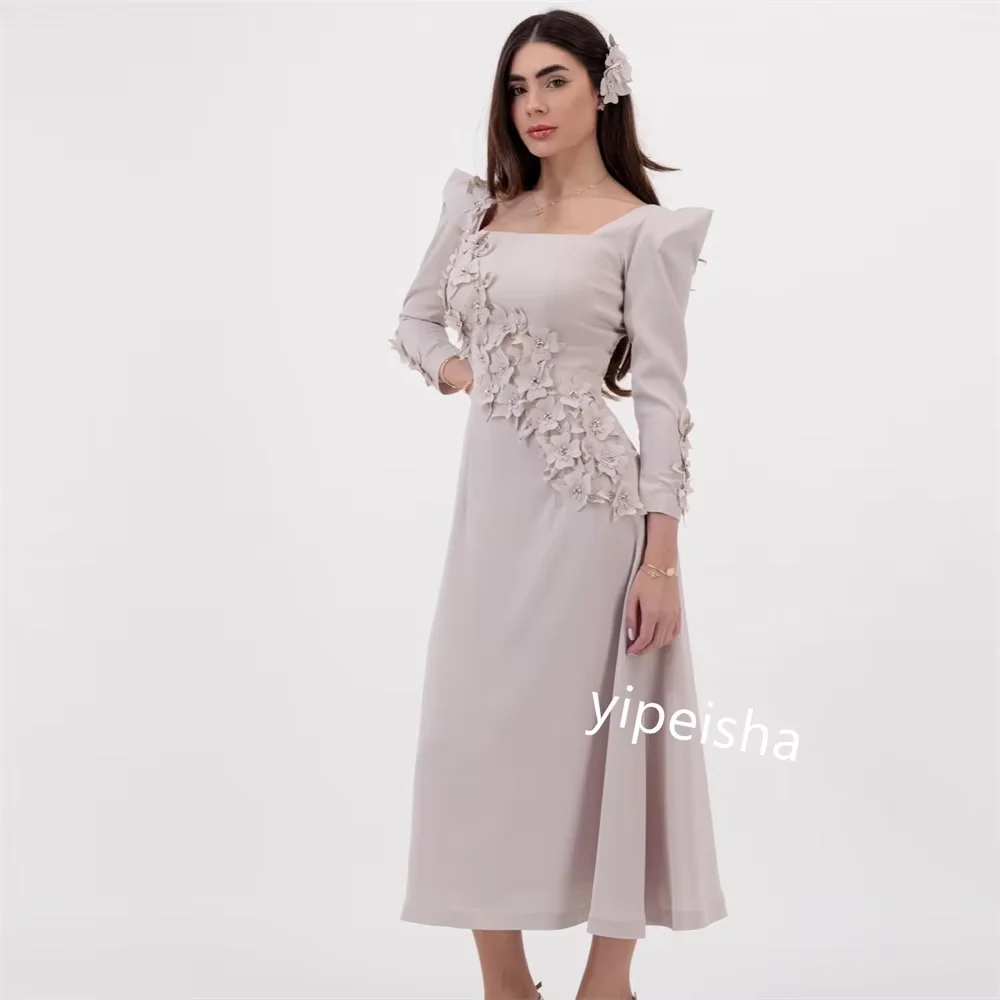 Gaun Prom A-Line Kustom Gaun Malam Lengan Penuh Kerah Persegi Panjang Teh Gaun Pesta Terbungkus Bunga Fashion Sederhana