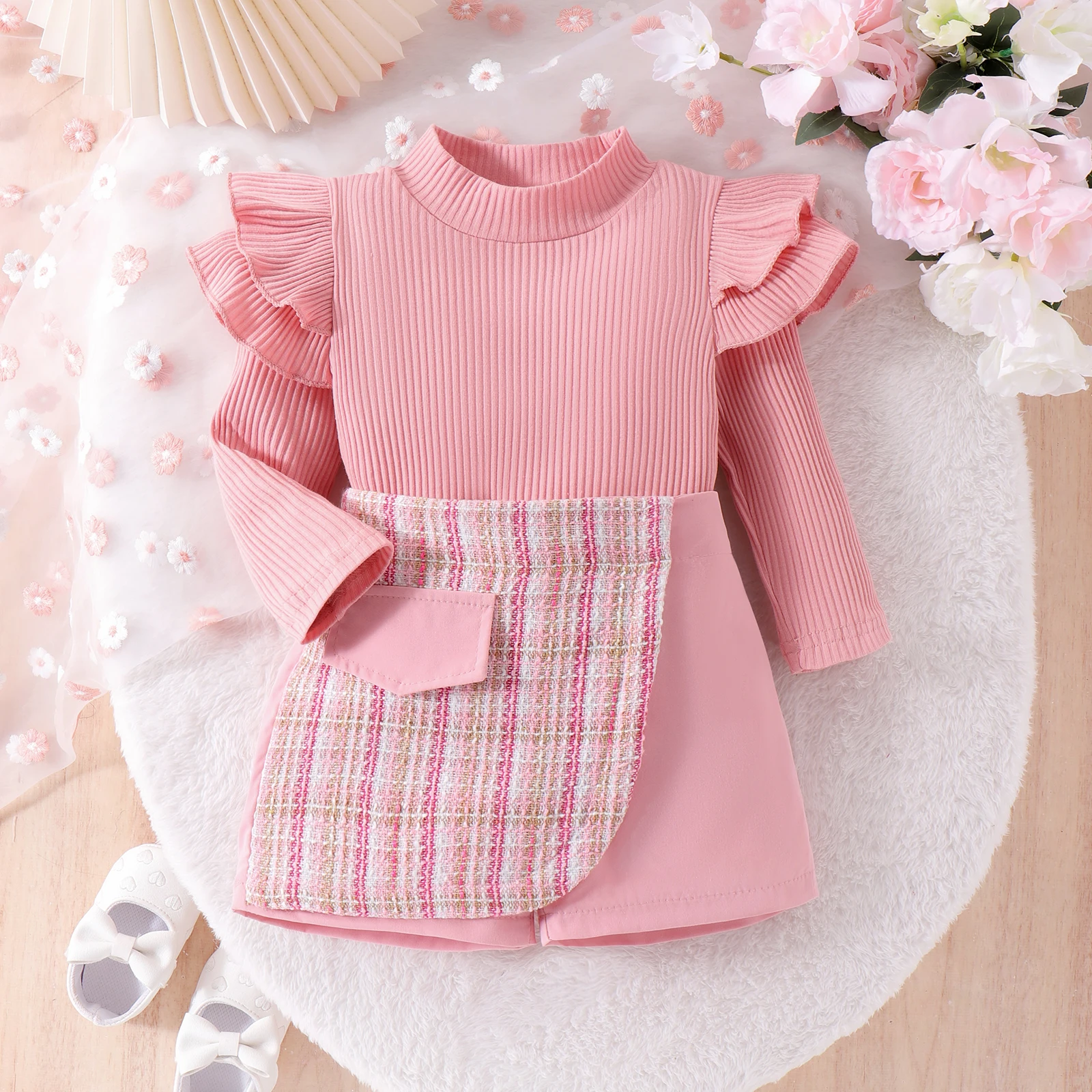 2PCS Autumn 1-4 Years Old Girls And Baby Fashionable High-Neck Pit Strip Top + Fashionable Spliced Pant-Skirt Suit