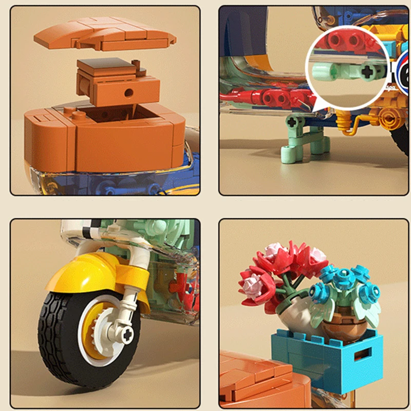 كتل بناء مركبة كهربائية صغيرة ، دراجة نارية ريترو ، مجموعات طوب موديل كلاسيكي ، DIY ، آلات إضاءة لطيفة ، ألعاب #3