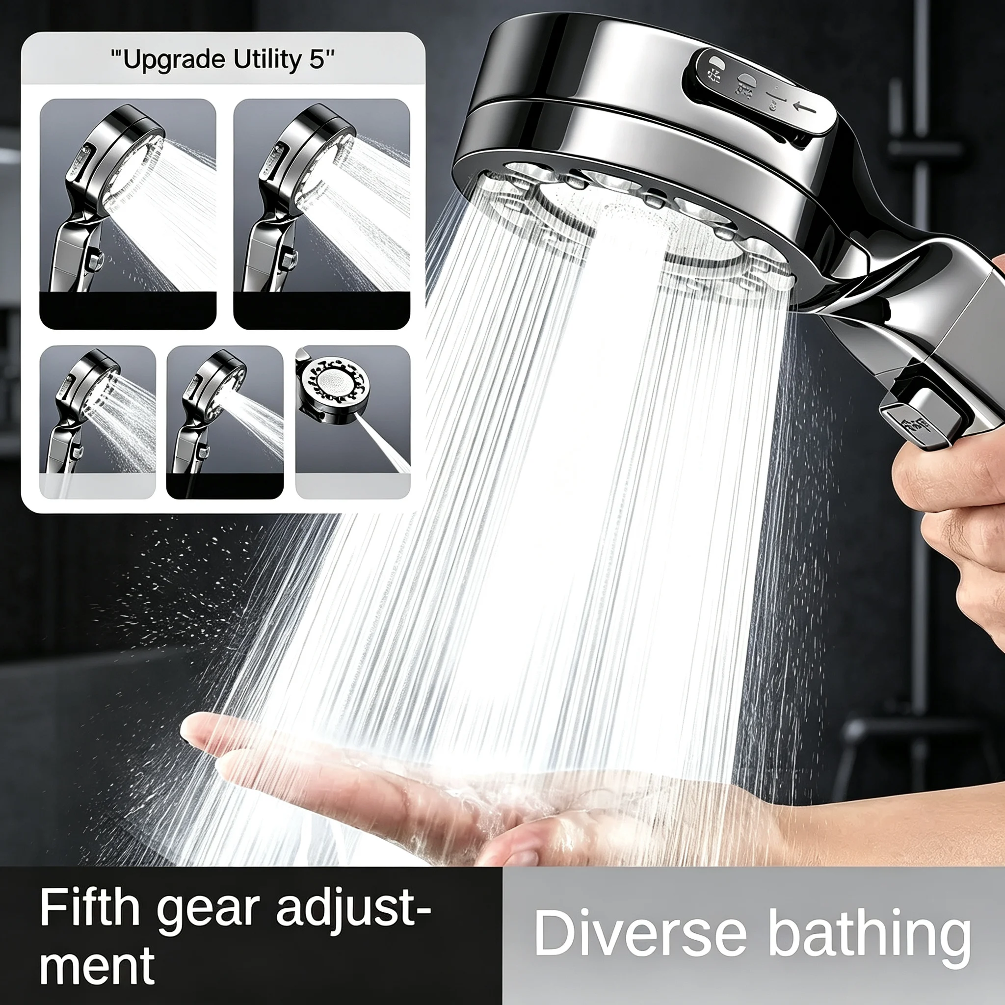 Chrome Plated Handheld Shower Head High Pressure 5 Spray Modes Shower Head with One‑Click Pause for Bathroom Use