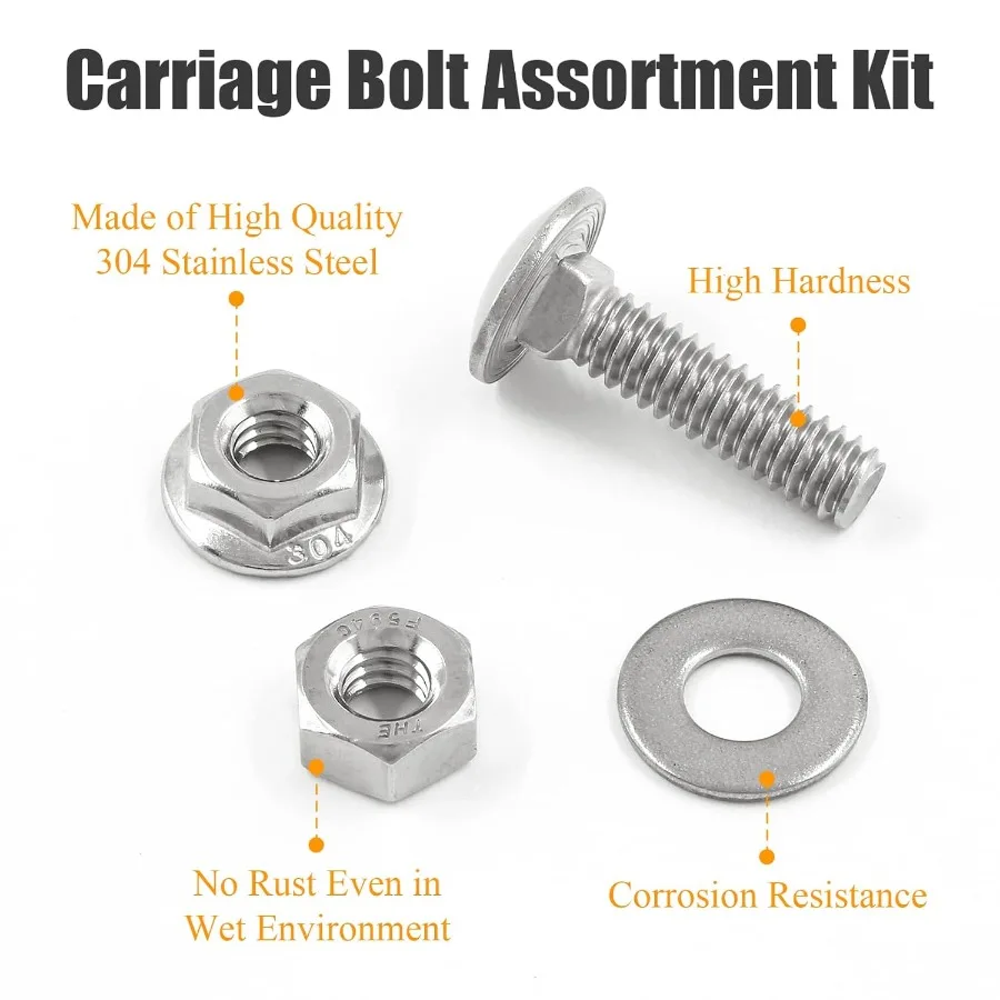 12pçs 1 420x1 kit de sortimento de parafusos de transporte, parafusos redondos de aço inoxidável 304 com porcas sextavadas planas, flange sextavado