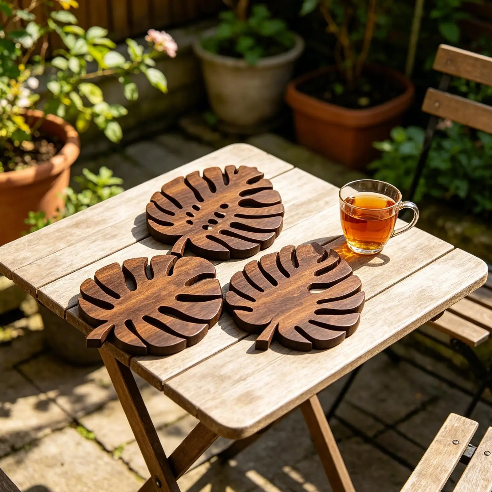 Wooden Palm Leaves Coasters 3pcs Heat Resistant Table Decor Boho Cup Mat for Kitchen Living Room Bar Farmhouse Party Supply