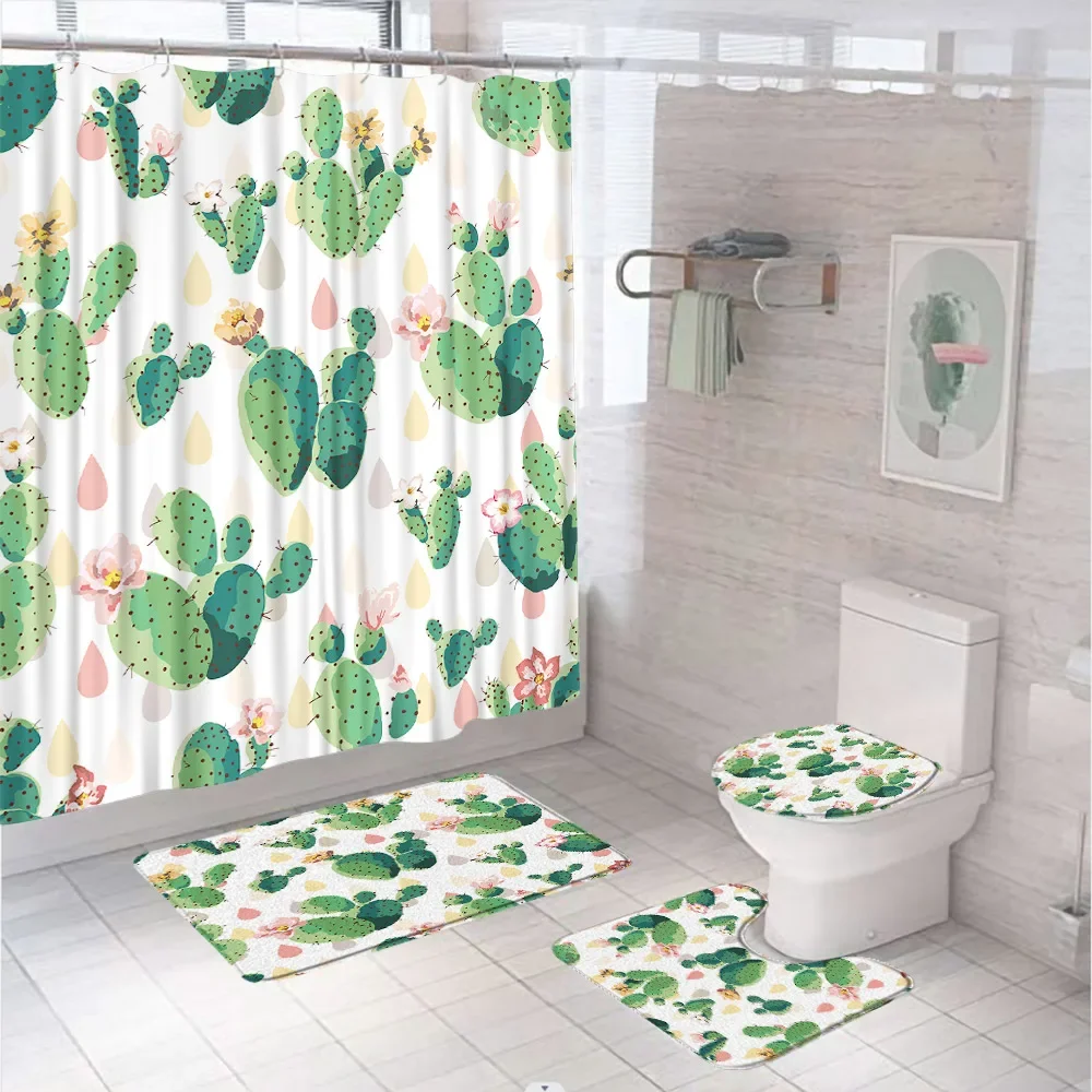 Green Watercolor Cactus Bathroom Sets Shower Curtain Non-Slip Rug Bath Mat Toilet Cover Tropical Plant Raindrop Bathtub Curtains