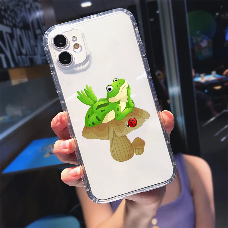 Mint Green Mushroom Frog Phone Case for IPhone 11 12 Pro MAX XR XS SE3 20 X 7 8 6Plus Korean Cartoon Clear Soft TPU Cover Fundas