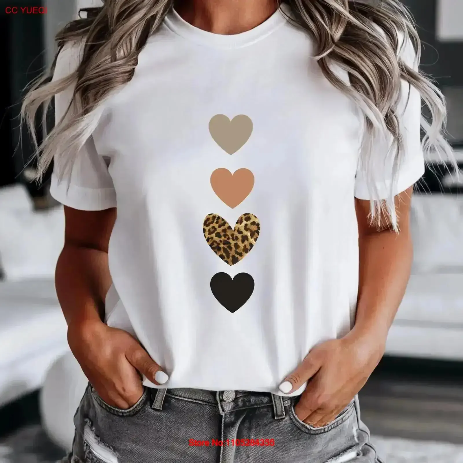 T shirt for her motivational cute hearts leopard heart print minimalisT design affirmation vintage Washed Top Everyday Wear