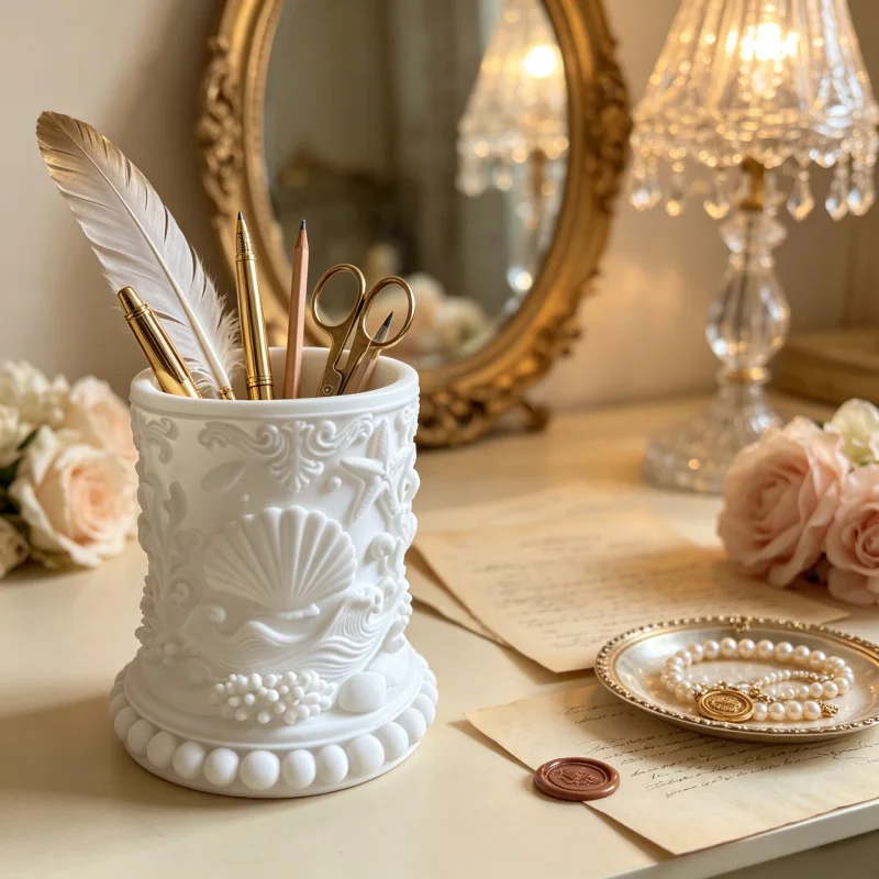 Light Luxury Classic Style 3D Carved Ocean Pattern Pen Holder, Matte White Smooth Texture with Shell and Starfish Relief Design, Beaded Edge Base with Vintage Carving Craftsmanship, Seaside Nautical Style, Large Capacity Cylindrical Structure for Storing Pencils, Scissors, and Various Stationery, Also Suitable for Storing Makeup Brushes, Compatible with Dressing Table Storage, Home Office, Hotel Office Area, Tabletop Organization and Decoration, Enhances the Ambiance of the Space, Business Gift, Creative Gift for Teachers, Housewarming Gift