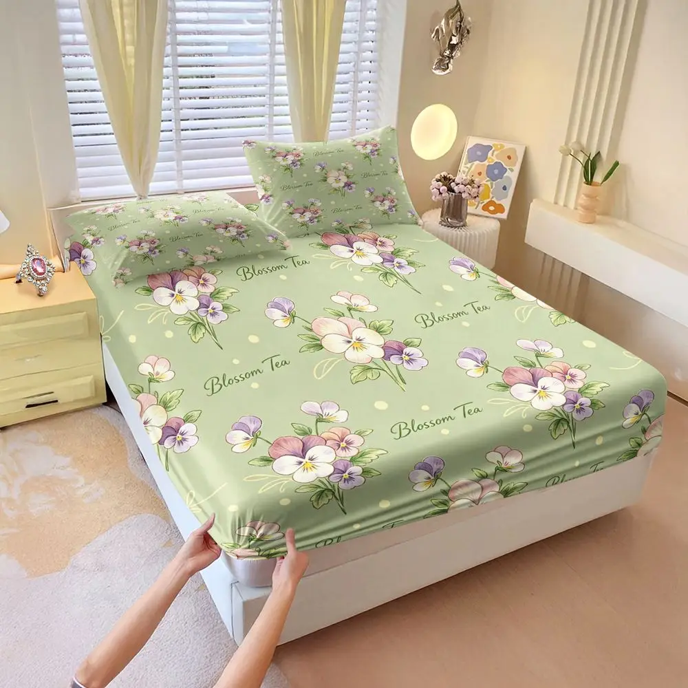 Fresh Light Green Pansy Floral Digital Print Fitted Sheet Set Bed Sheet Set Bedding Set No Fillers Cottage Guest Bedroom Decor