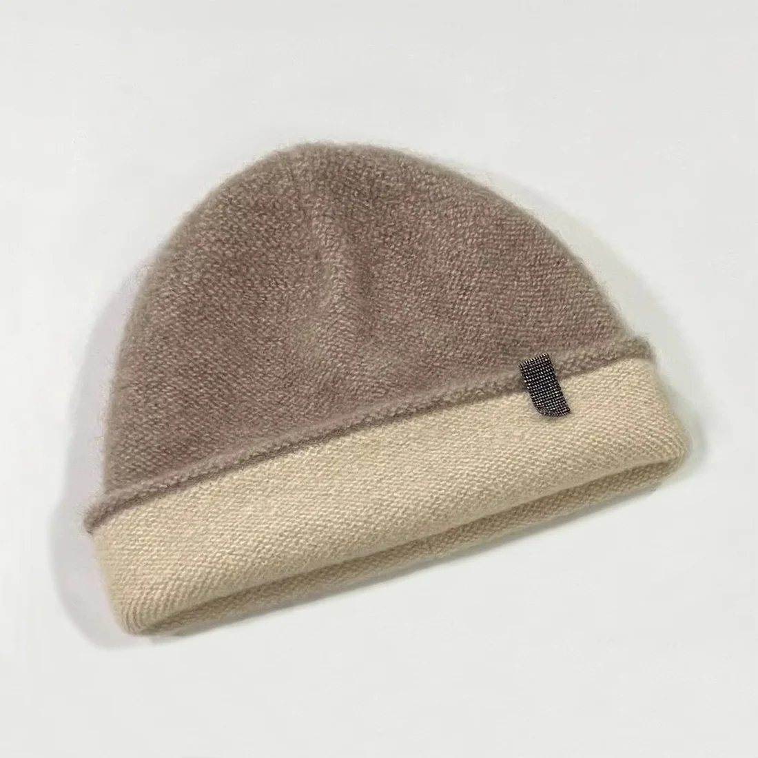 Two Tone Cashmere Beanie Winter Warm Knitted Women Embellished Two Way Fordable Bonnet Hat