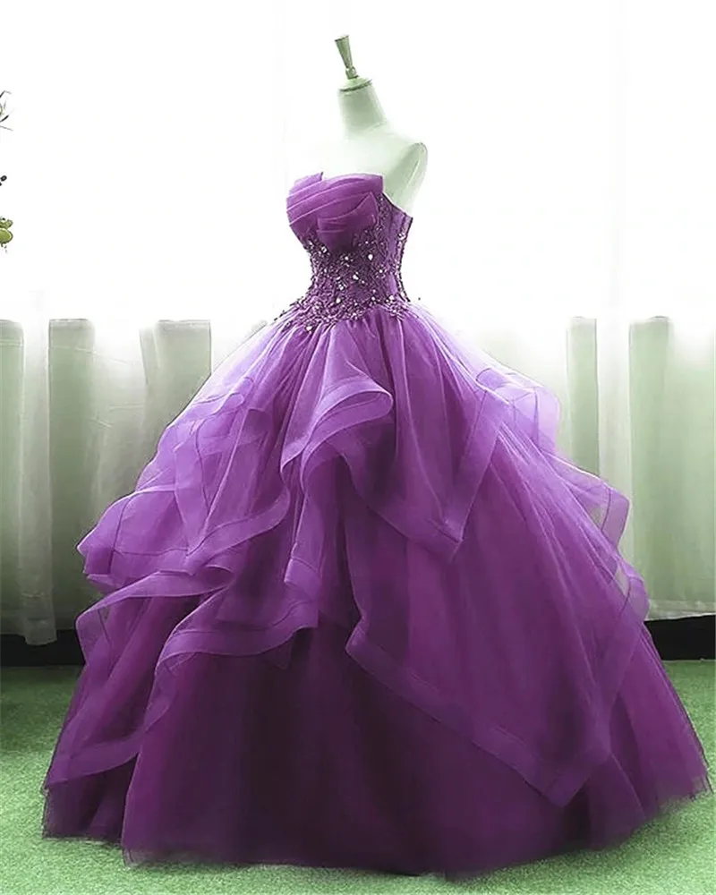 Real Photo Full Length Purple Ball Gown Organza and Tulle Sweet 16 Prom Dress with Lace Appique  Formal Occasion Customized