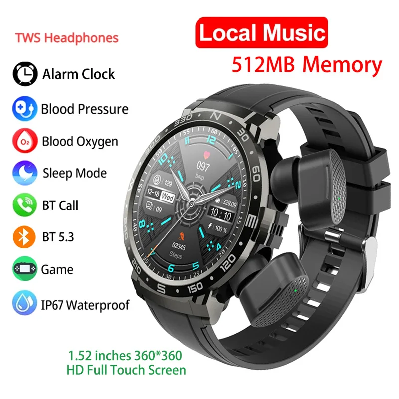 2 In 1 TWS Earphones Smart Watch Waterproof Wireless Bluetooth Dual Headset Call Health Blood Pressure Sports Music Smartwatch