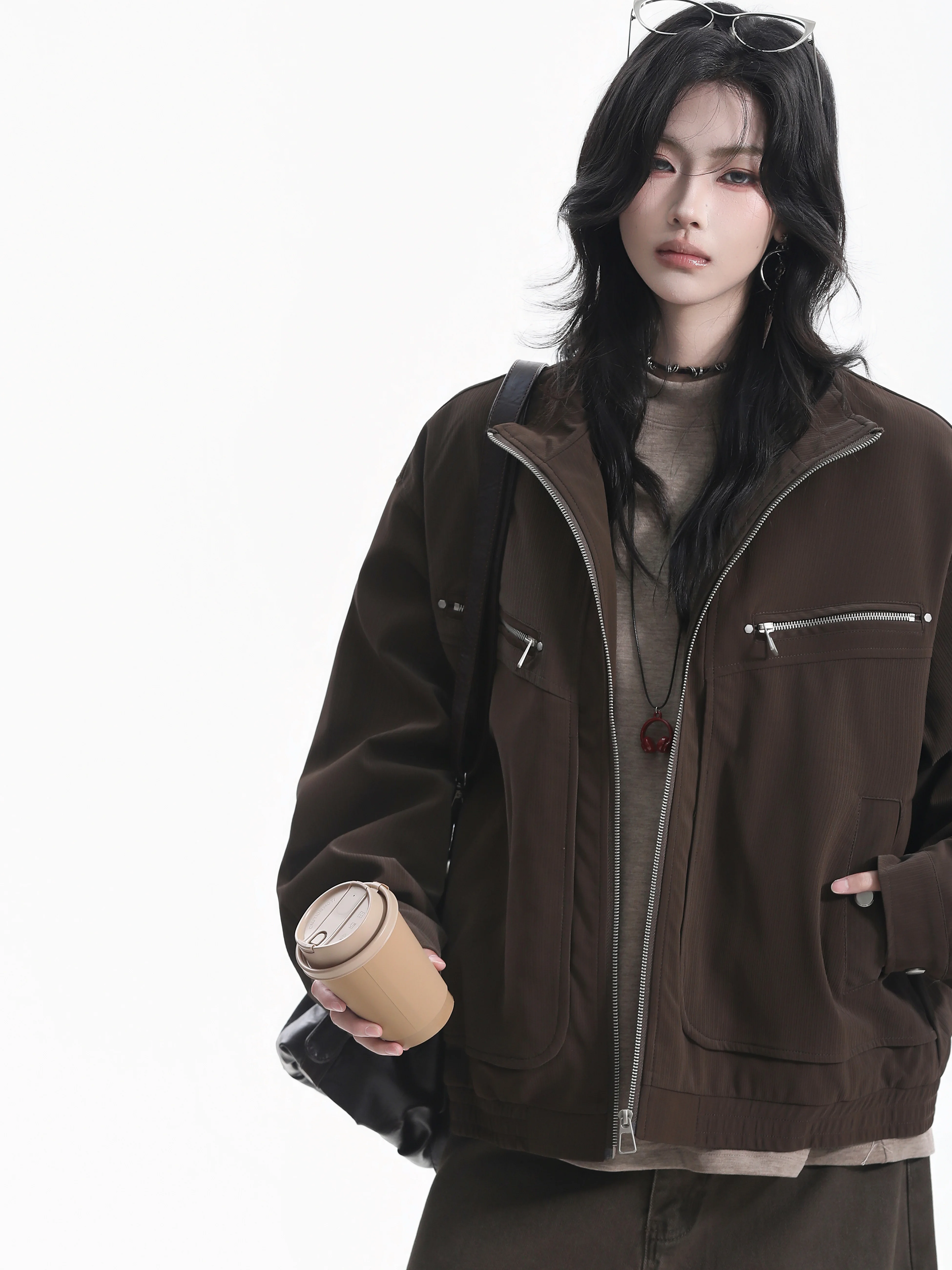 American Functional Style Short Jacket Women's Multi-Zipper Pocket Design Shoulder Drop Neutral Outerwear Stand Collar