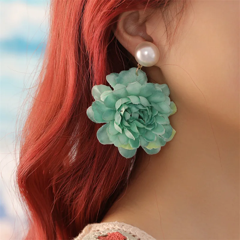 Fashion Fabric Art Flower Piercing Earrings for Women Eardrop Rose Flowers Pearl Drop Earring Summer Beach Ear Stud Jewelry Gift