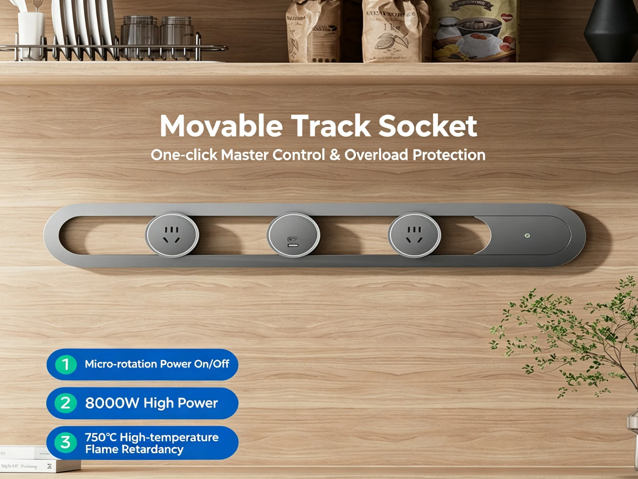 Wall Mounted Power Rail Socket with Master Switch, Sliding Outlets & USB Ports, 8000W Overload Protection for Home Use
