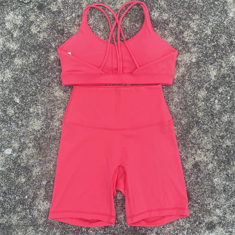 Solid Color Soft Women Gym Yoga Short Cycling Set Cross Back Gym  Bra+High Waist Short Leggings High impact shockproof Sportwear image 3
