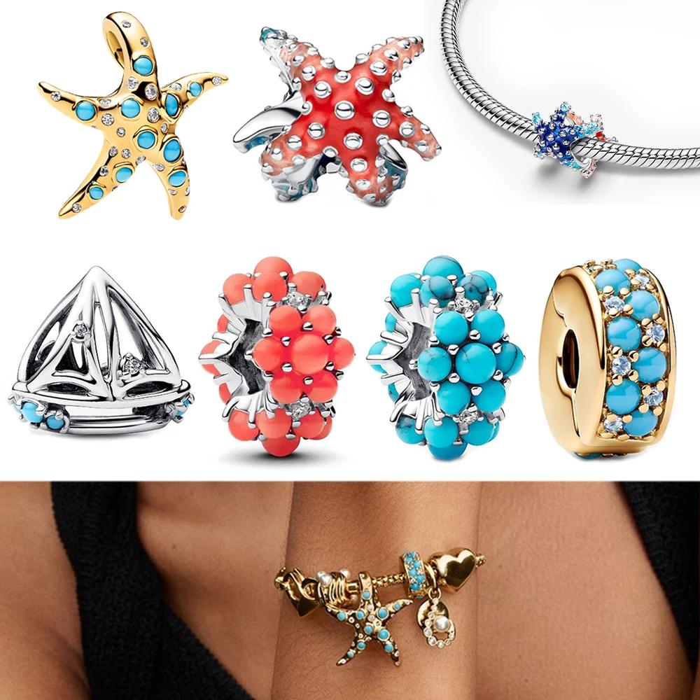 

Цветные бусины-шармы из стерлингового серебра 925 пробы, двухцветные, в виде морских звезд, парусников и пузырьков, для браслетов DIY, модные ювелирные украшения