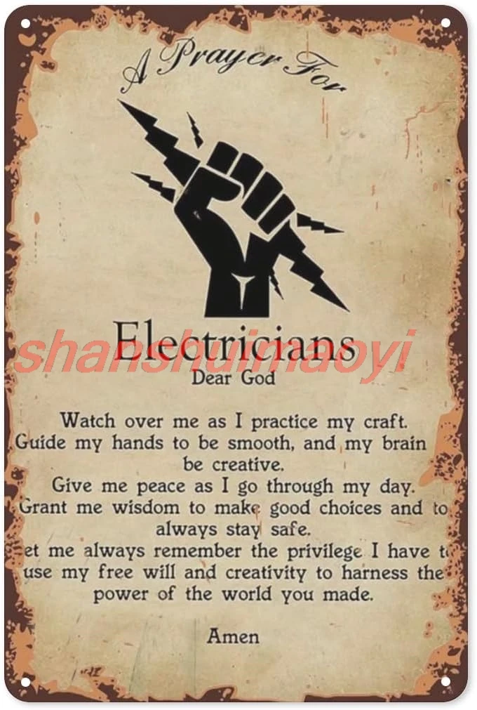 shan n Retro Sign A Prayer For Electrician Poster,Metal Home Decor Wall Art Decoration Garage Bar Restaurant Kitchen Cafe 1pc