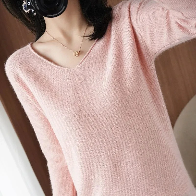 V-neck Knitted Sweater Women's New Western Style Loose Large Size Top Pullover 2023 Long-Sleeved Spring Summer Bottoming Shirt