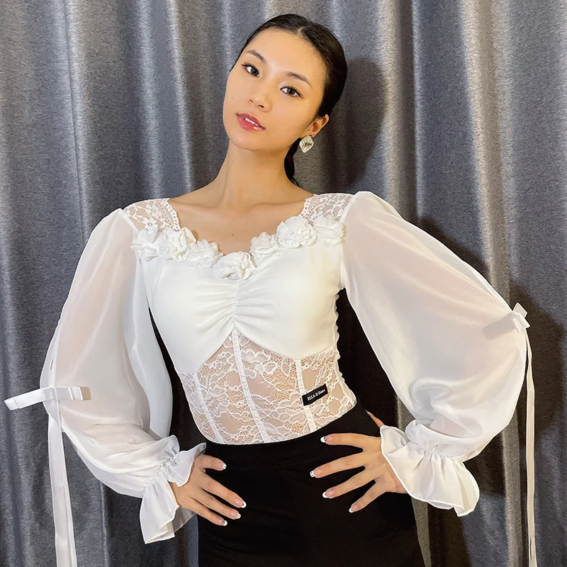 

White Lace Latin Ballroom Dance Tops Flower Lace Lantern Sleeves Bodysuit Rumba Waltz Dance Practice Performance Clothes BL16187