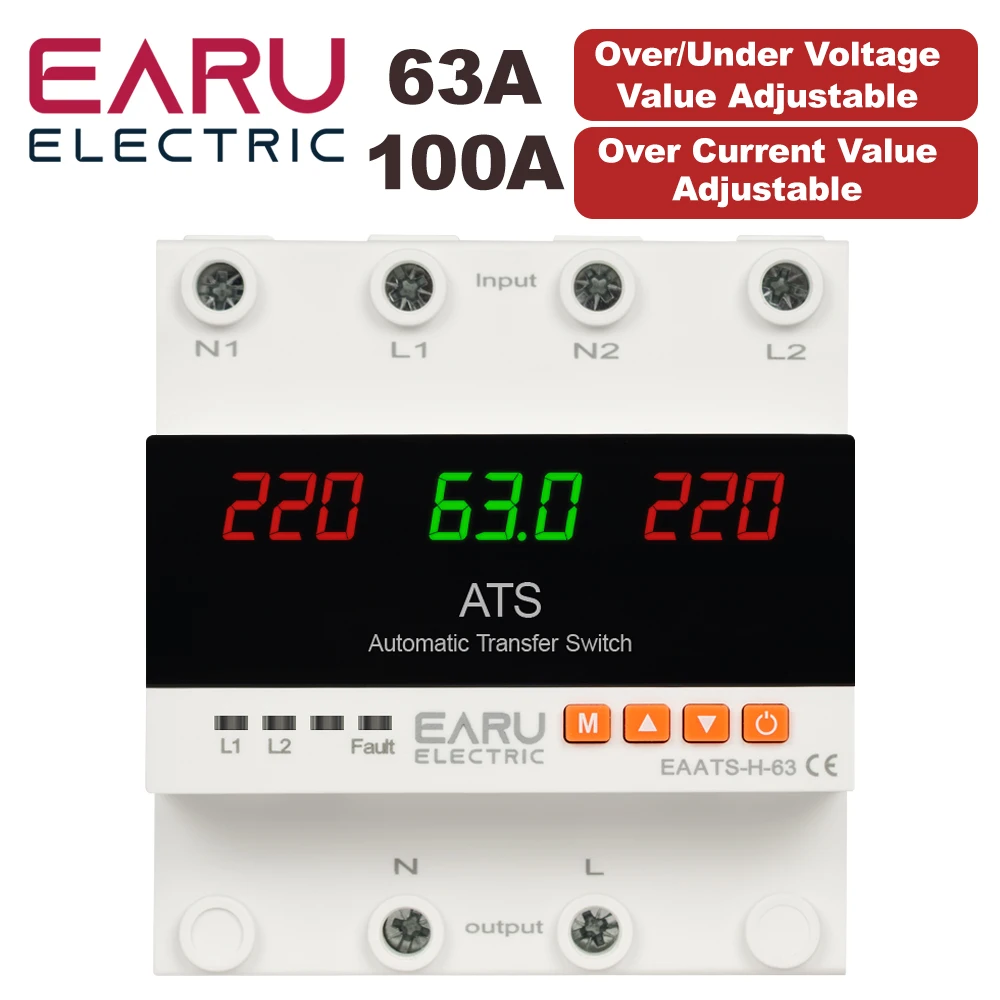 EARU 63A 100A ATS Adjustable Over Under Voltage Current Protector Dual Power Converter Automatic Transfer Switch Monitor Relay