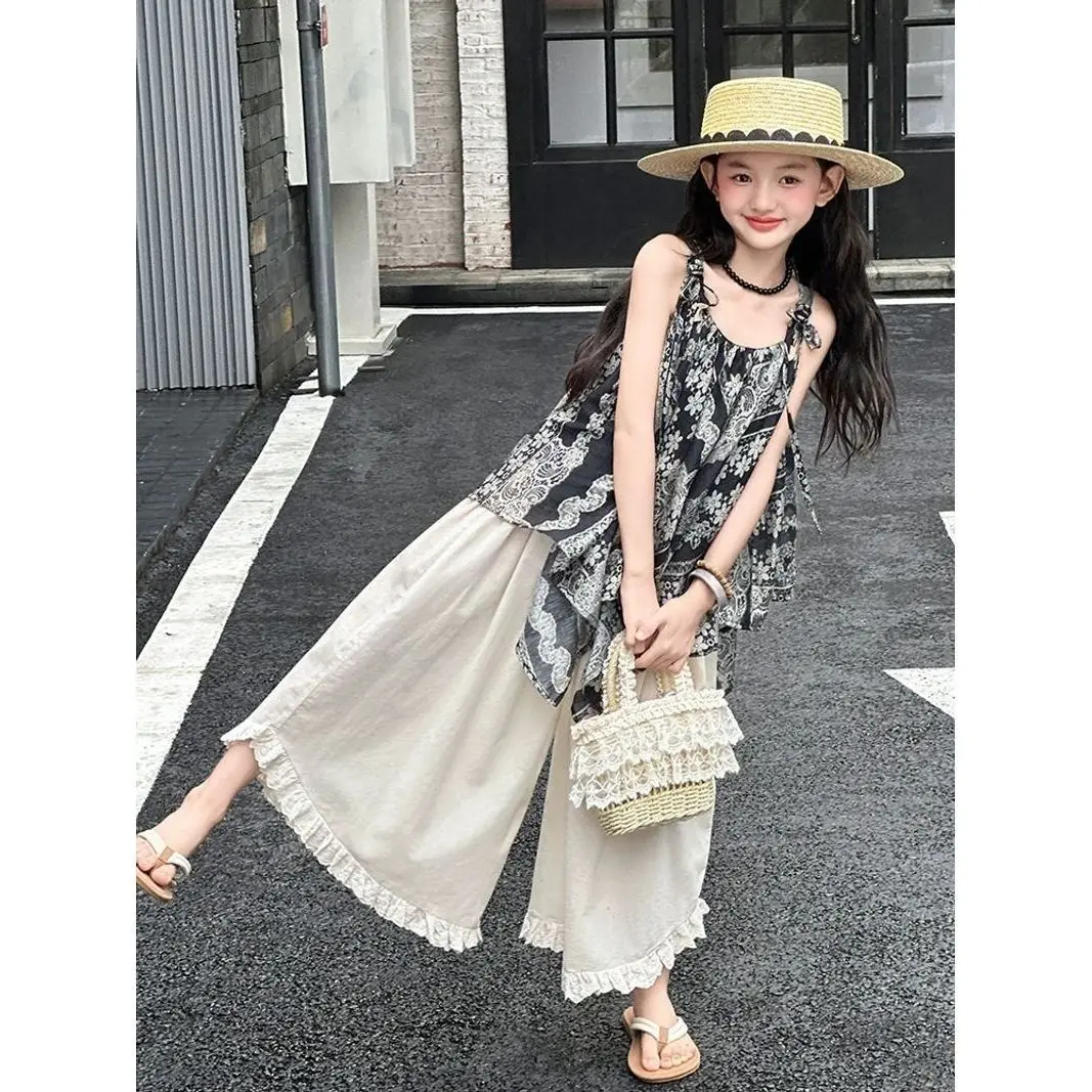 Lace Skirt Pants Girls Set 2026 Summer New Middle Big Kids Floral Strapless Girl Stylish Wide Leg Pants Set