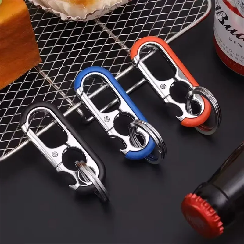 Multi-function Solid Color Zinc Alloy Waist Hanging Lock Bottle Opener Keychain Men's Business Double Ring Keychain Pendant Gift