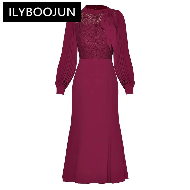 

ILYBOOJUN Fashion Runway Summer Women Dress O Neck Lace FLowers Lantern Sleeve Elegant Mermaid Bodycon Wrapped Hip Midi Dress