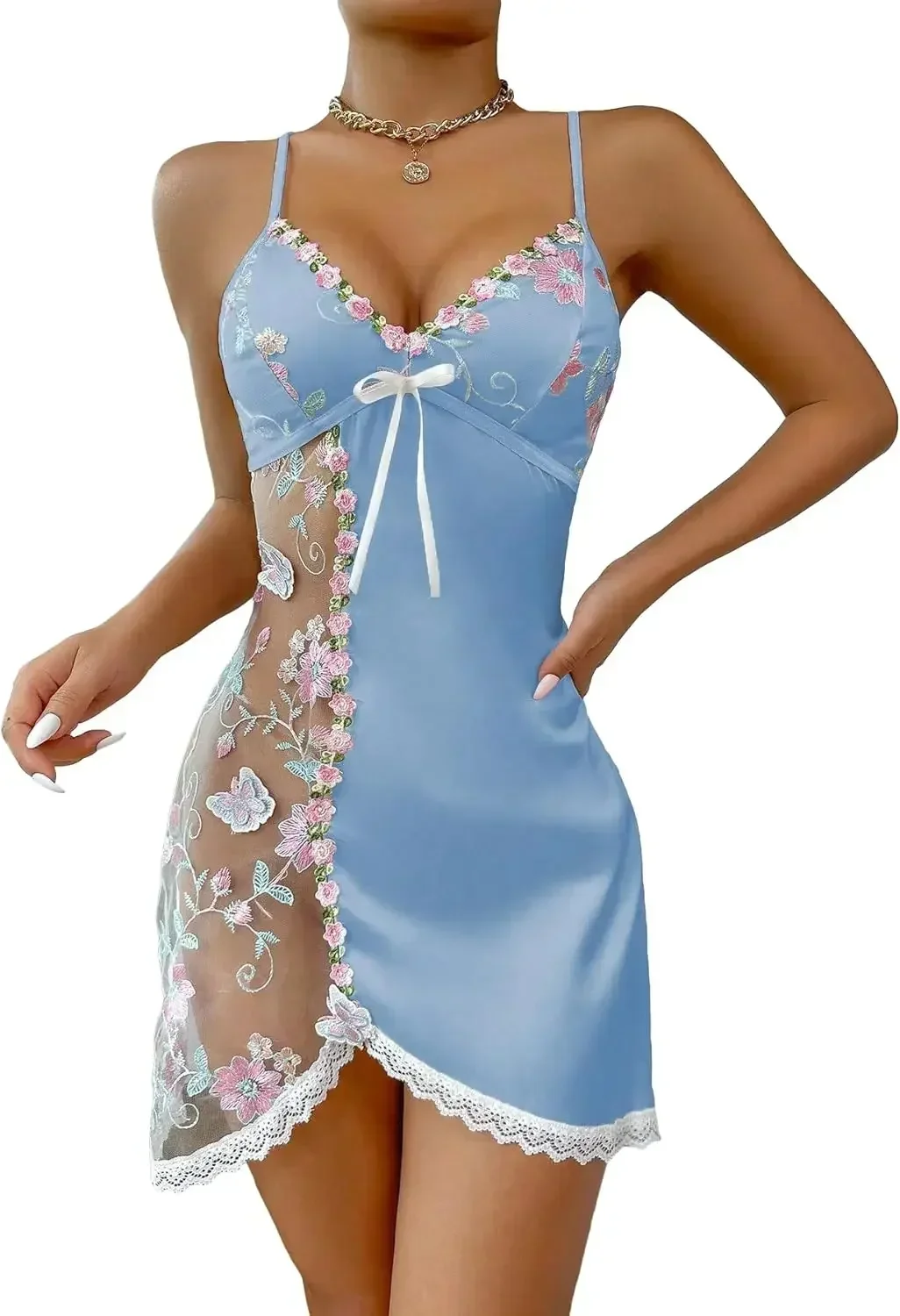 Sex  Lingerie Women's Mesh  Lace Trim Sheer Chemise Sleep Dresses Babydoll Nightgown Satin Slip Dress
