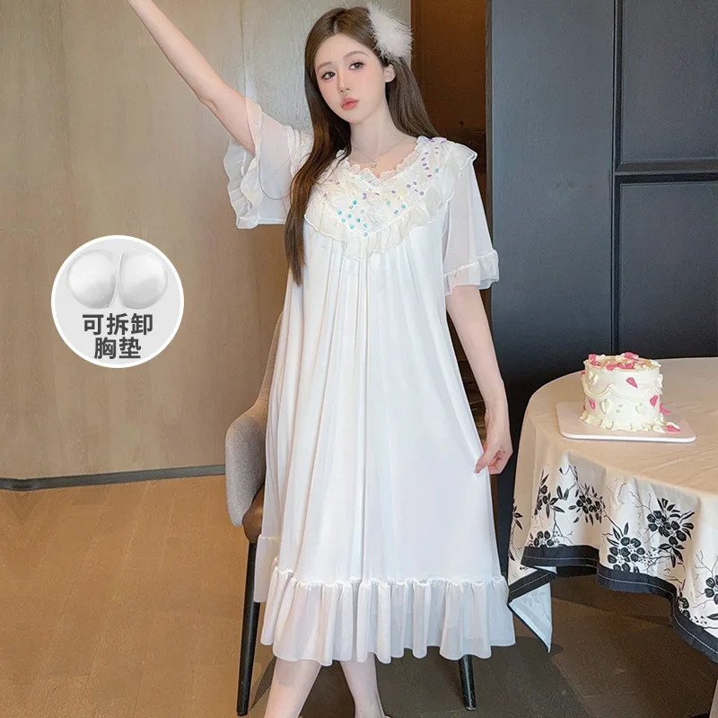 

Элегантная женская ночная сорочка с встроенными чашечками, корейская летняя тонкая кружевная сетчатая пижама, свободная домашняя одежда, одежда для улицы