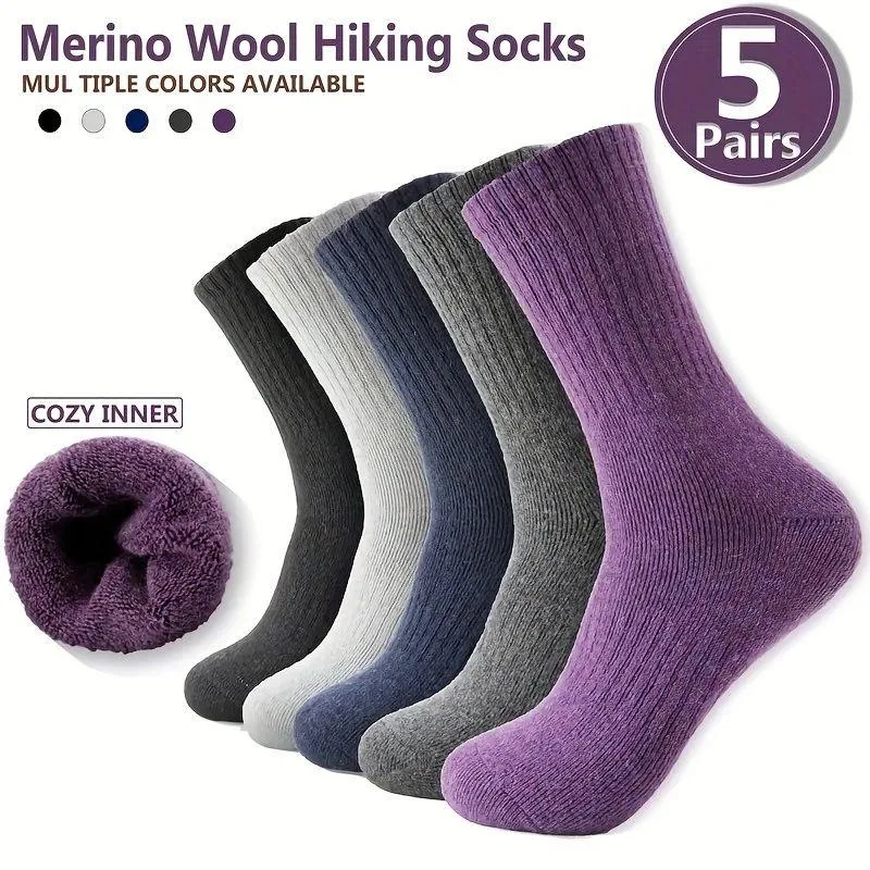 

5 Pairs -40 ˚ Merino Wool Socks Men's Wool Hiking Socks Soft Warm Winter Casual Crew Moisture-Wicking Socks for Indoors Outdoors