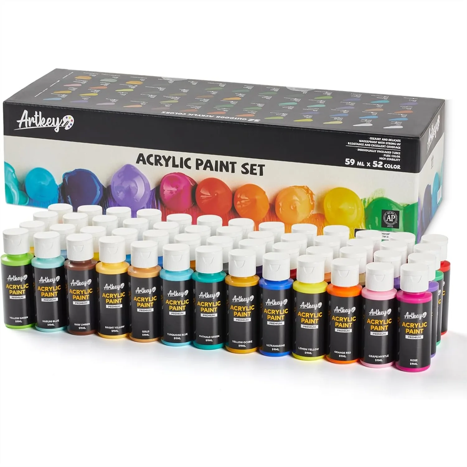 

Acrylic Paint Set 52 Colors 2 oz/59 ml Non-Leaking Bottles for Canvas Fabric Rock Wood Ceramic Art Craft Painting