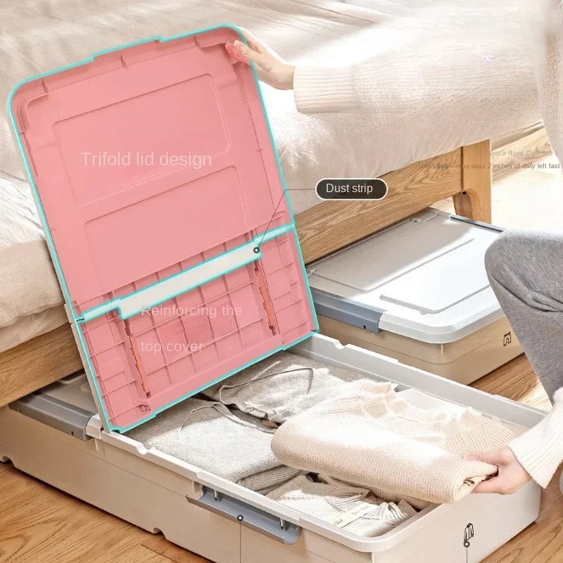 Bed Storage Box with Cover and Wheels Pulley Quilt Clothes Organizer Flat Plastic Bed Bottom Storage Solution