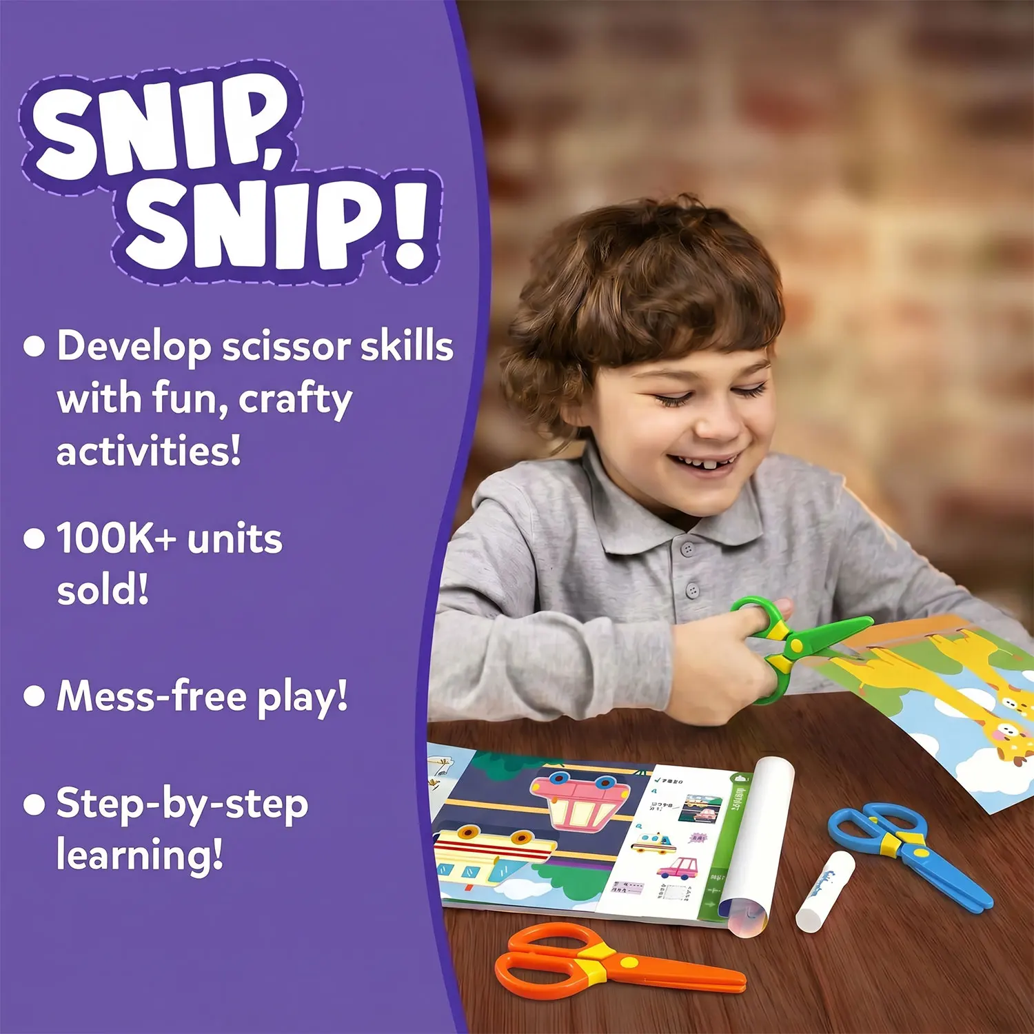 Scissor Skills Activity Book Snip Cutting Practice Preschooler Safe Plastic Scissors Fine Motor Skills Screen-Free Gift Beginner