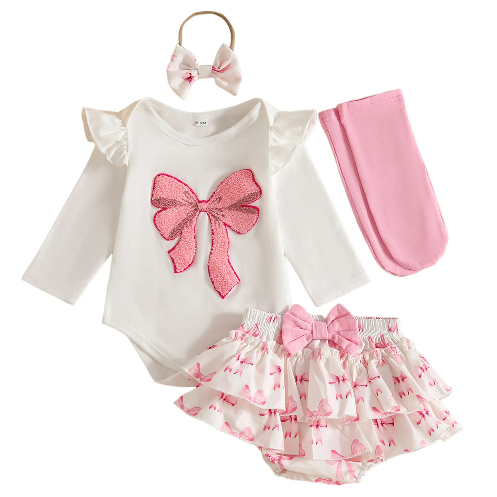 

Детское боди для маленьких девочек, удобный и дышащий комплект, милый топ с бантом и принтом, брюки, повязка для волос, носки, комплект из четырех предметов для танцев для маленьких девочек