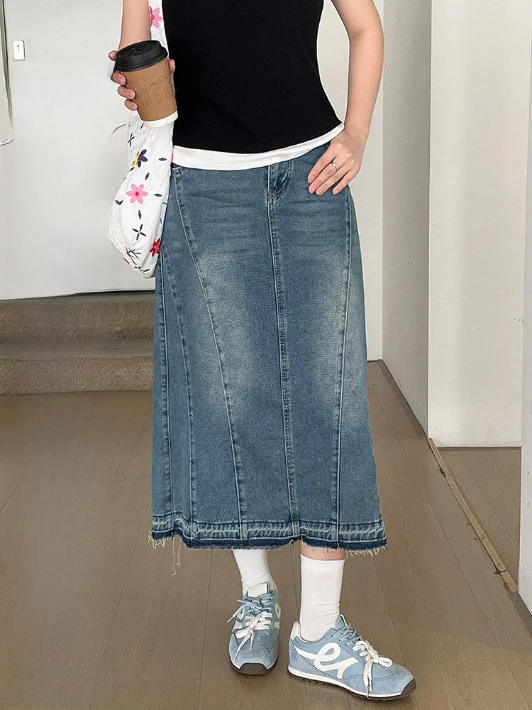 

Летняя женская джинсовая юбка А-силуэта больших размеров, скрывающая живот, с боковым разрезом, красивая, уникальная, стильная юбка