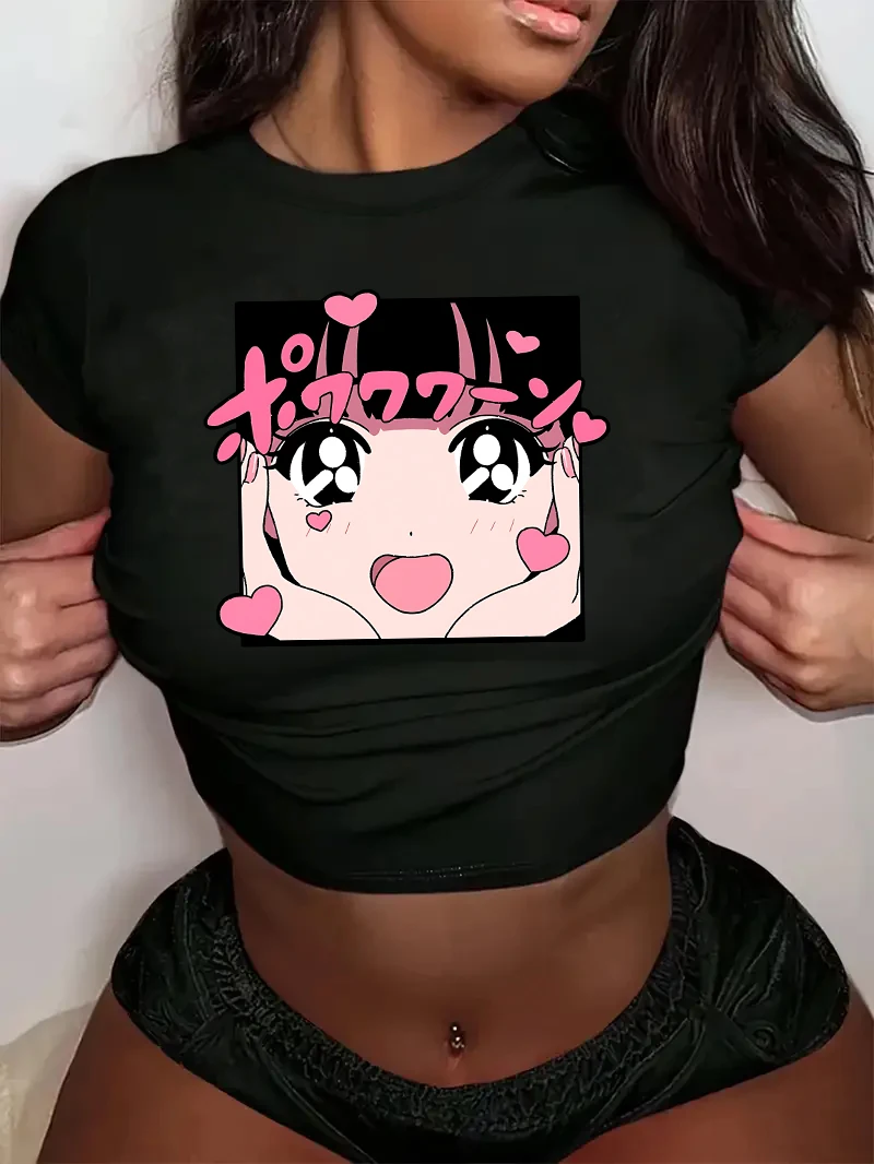 Retro 90s Chic Cropped Fashion Anime Girl Print Crew Neck Manga T-shirt Y2K Short Sleeve Tight Fit Crop Top Spring Summer Wom