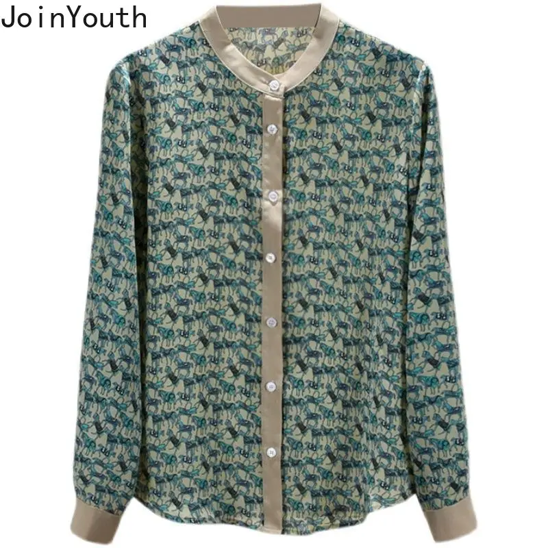 Korean Camisas De Mujer Long Sleeve Stand Neck Blouses for Women Loose Print Fashion Shirts Tops Summer Temperament Chic Blouse