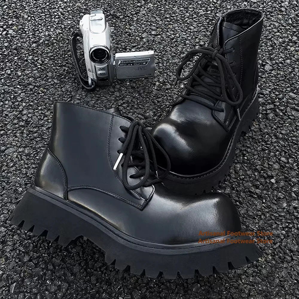 Big Round Toe Thick Soled Men's Boots Side Zipper Height Increasing Men's Shoes British Style Designer Men's Boots Botas Mujer